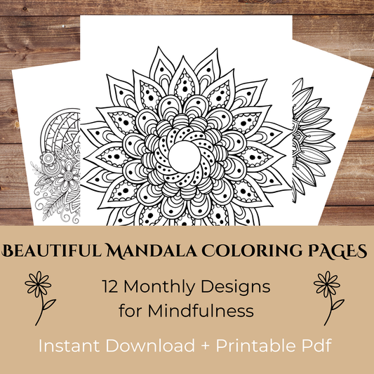 12 Monthly Mandala Coloring Pages – Seasonal & Holiday-Themed Printable Adult Coloring Book (Instant Download)