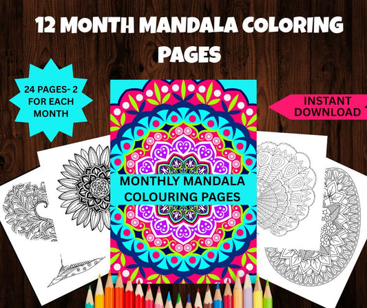 24-Page Monthly Mandala Coloring Book | Mindful Coloring for Stress Relief, Creativity & Self-Care  | Printable Adult Coloring Pages for Every Month”