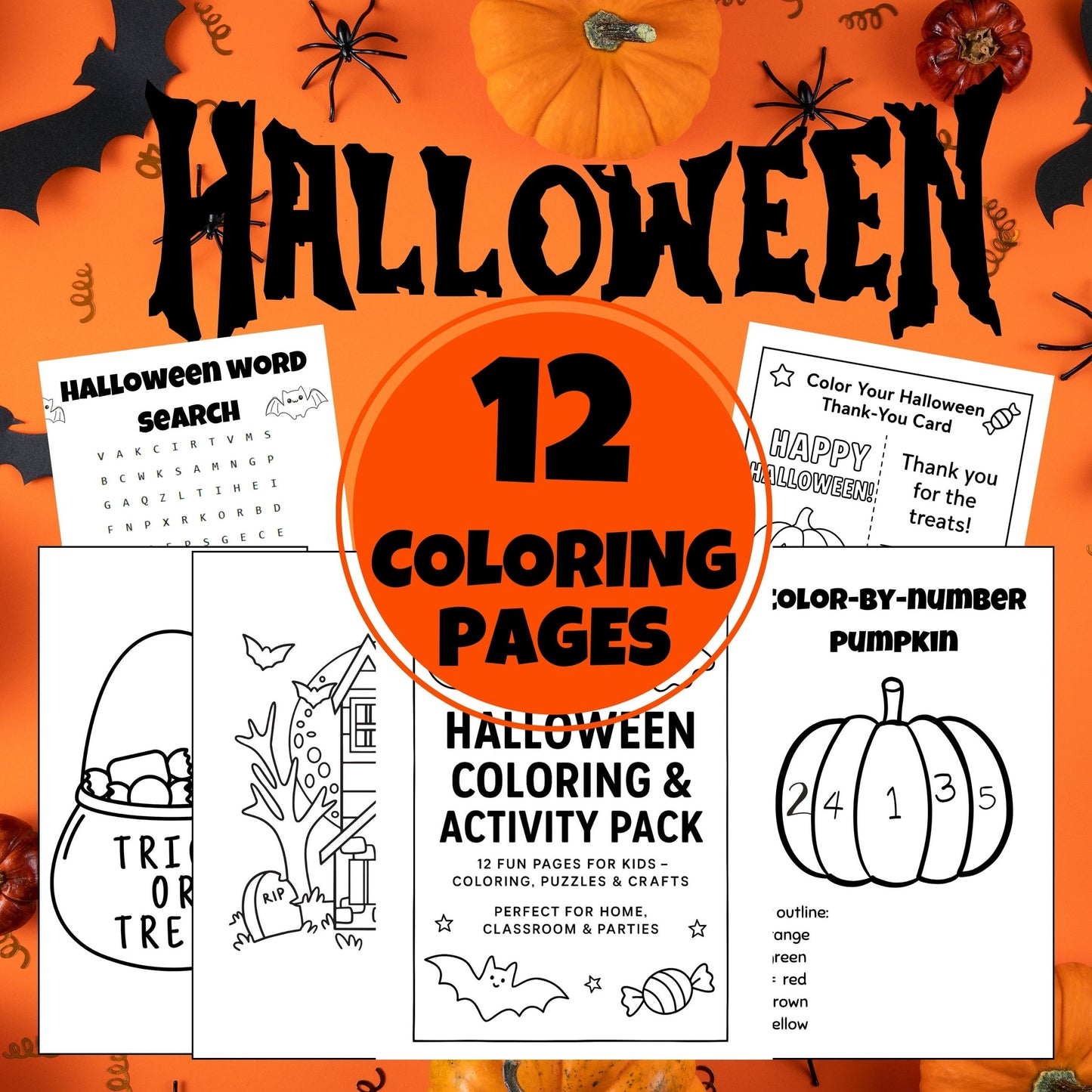 12 Halloween Coloring Pages For Kids, Printable Coloring Pages, Halloween Party Favors, Kids Halloween Activity, Kids Halloween Activity